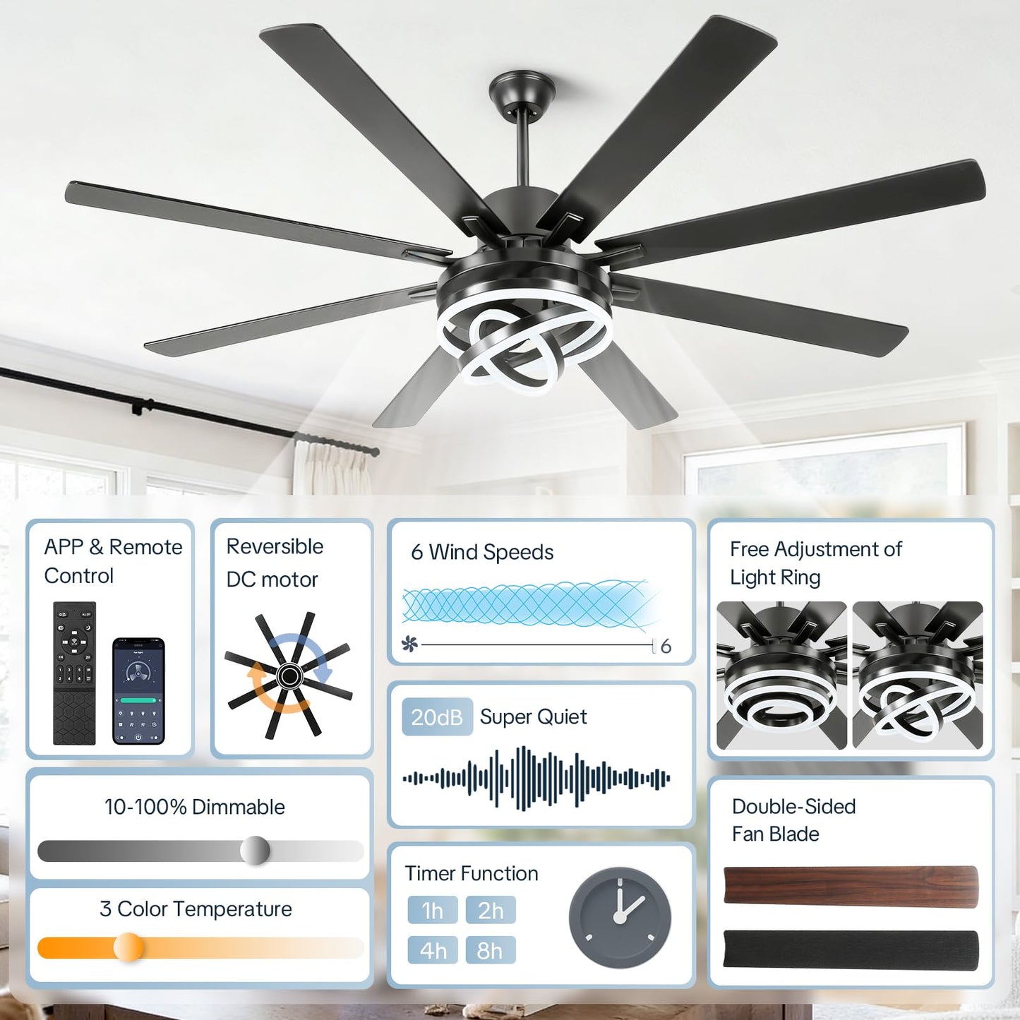TIRUSUN 72 Inch Chandelier Ceiling Fans with Lights, Large Modern Ceiling Fan with Remote Control for Living Room Kitchen, Dimmable, 6 Speed Reversible DC Motor, Dual Finish，Black