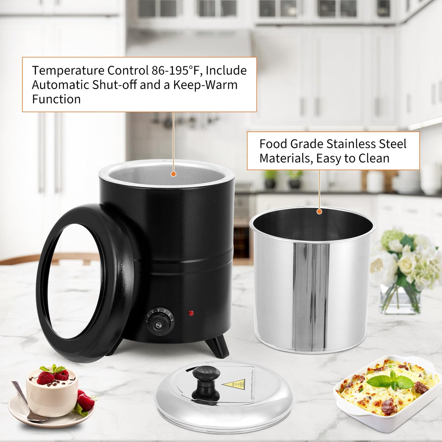 Garvee 10.5QT Commercial Soup Kettle, Automatic Soup Warmer with Anti-Scald Handle and Stainless Steel Removable Insert Pot for Large Banquet & Buffet, Built-in Hinged Lid