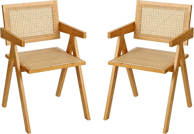 Furlide Rattan Dining Chairs Set of 2, Modern Mid Century Accent Chairs, Comfy Armchairs, Outdoor Rattan Chairs with Armrest for Bedroom Living Room Reading Room Dining Kitchen
