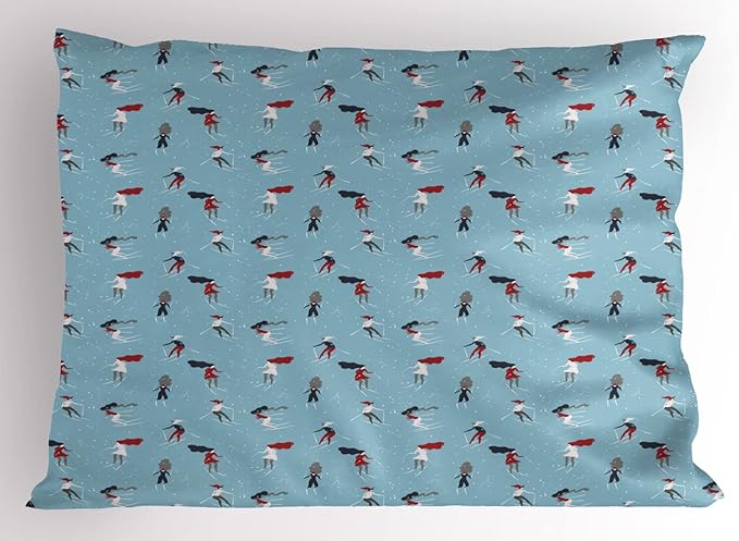 Lunarable Winter Pillow Sham Set of 2, Cartoon Skier Girls Pattern Frozen Pond Outdoor Theme Extreme Sports, Quality Micro...