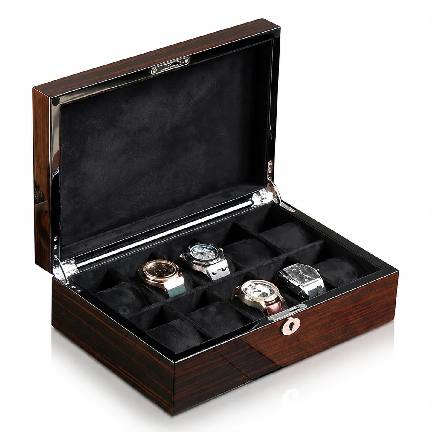Bonaking 10-Slot Watch Storage Box with Windowless Lid, Ebony Wood Grain, High Gloss Finish, Lock & Velvet Interior, Fits Watches up to 57mm – Luxury Watch Organizer Gift for Men