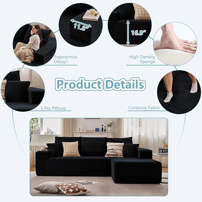 107" W Cloud Sectional Couch with L-Shape Chaise, Modern Corduroy Boneless Couch for Living Room,Memory Foam Sofa with Deep Seat,No Assembly Required (Black,Right-Facing Chaise)