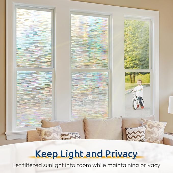 rabbitgoo Window Privacy Film with Installation Tools, Stained Glass Window Film Rainbow Prism Decorative Glass Clings for Home Decor, Static Cling Covering Sun Blocking, 35.4" x 157.4"