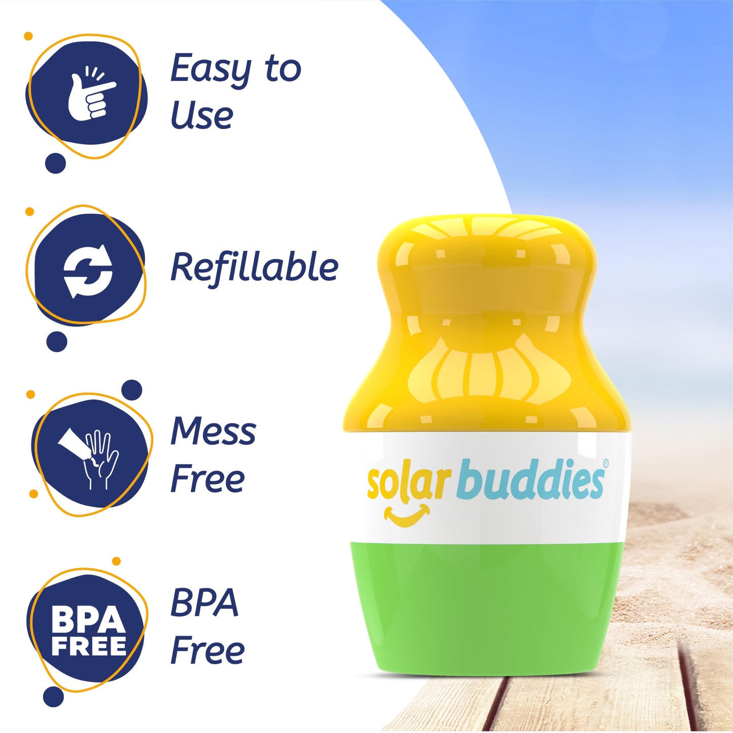Solar Buddies Sunscreen Applicator - Green Pack of 2 - BPA-Free Refillable Roll on Sponge Sunscreen, Suncream & Lotion Applicato