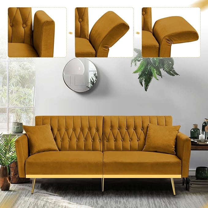 ACMEASE 70” Velvet Futon Sofa Bed with 2 Pillows and Adjustable Armrests, Convertible Sleeper Bed W/Adjustable Backrests, Modern Loveseat for Living Room, Bedroom, Ginger