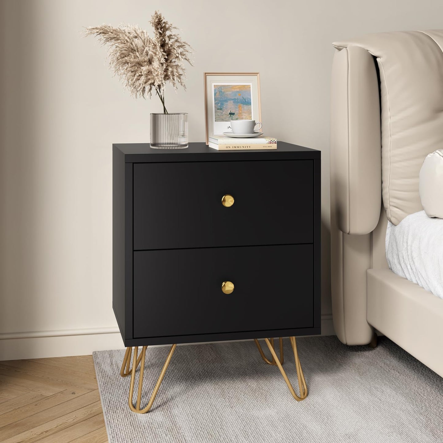 Tradare 6 Drawer Dresser and Nightstand Set of 2, Modern Black and Gold Dresser Set with Golden Handles, 2-Drawer Nightstand & 6-Drawer Chest of Drawers