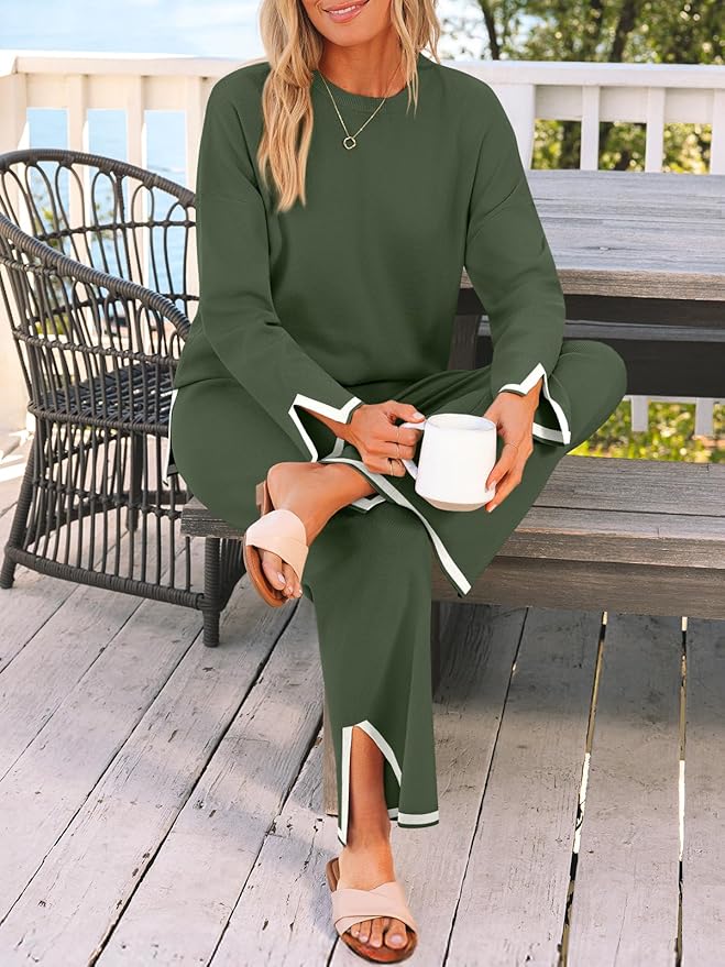 LILLUSORY Women Fall 2 Piece Lounge Set Outfits Sweatsuits Long Sleeve Sweater Tops Wide Leg Pants