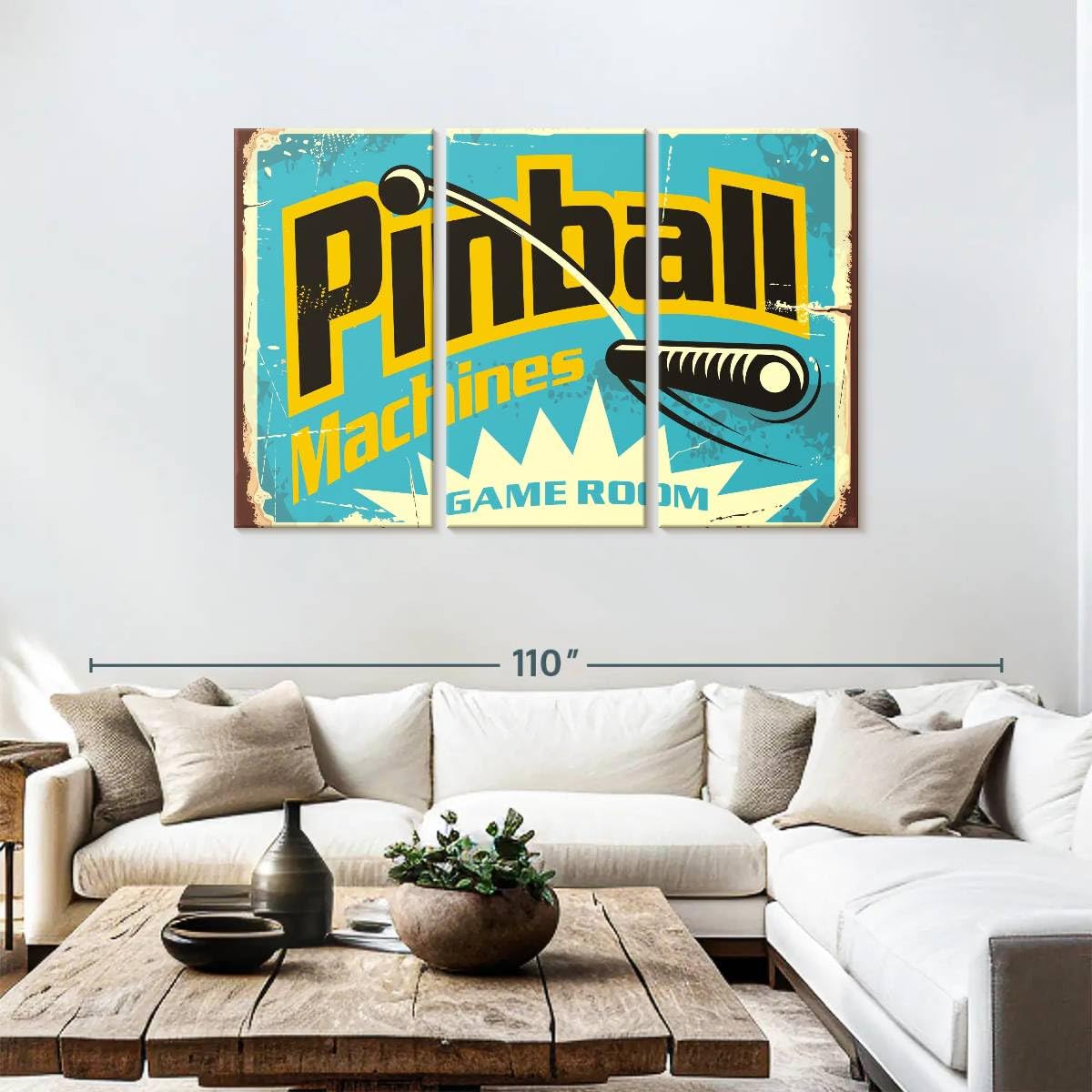 ElephantStock Pinball Machine Game Room Wall Art - Horizontal Canvas - 3-Piece Living Room Wall Decor - Retro Digital Art Canvas Print - Turquoise and Black Decor for Wall - 74" X 48"