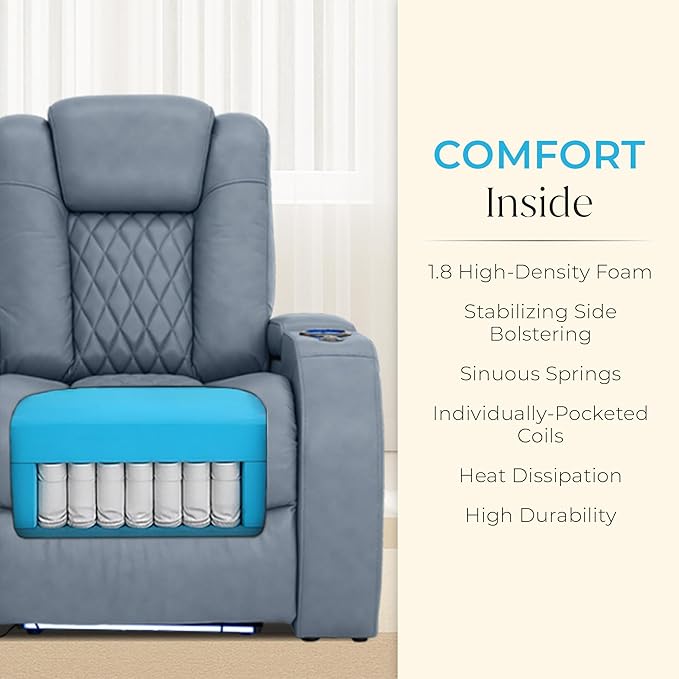 Seatcraft Anthem Italian Leather Loveseat w/Storage Console, Living Room, Power Headrest, Power Recline, Smokey Blue