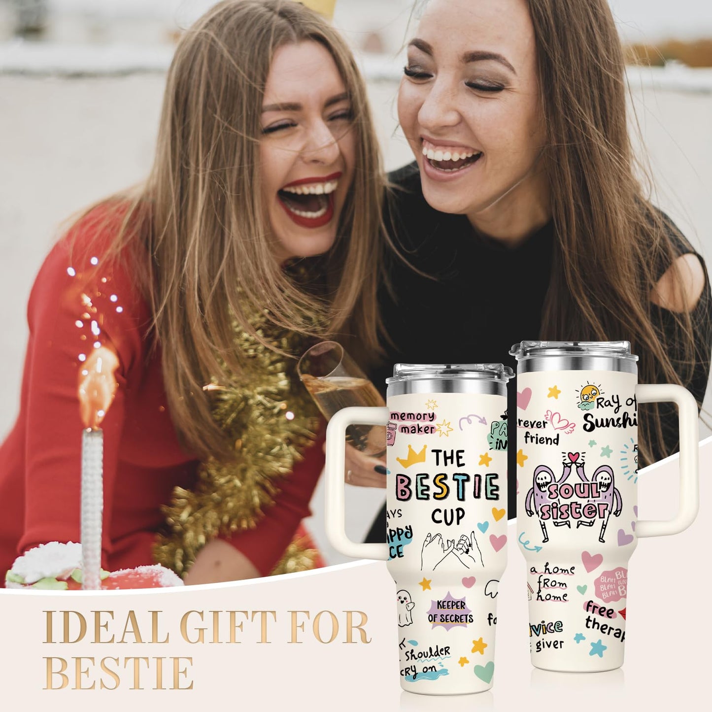Shqiueos Best Friend Birthday Gifts for Women 40oz Tumbler with Handle and Lid Straw, Bestie Gifts for Her, Mothers Day Gift for Women Friendship, Soul Sisters Present Valentines Christmas Cup
