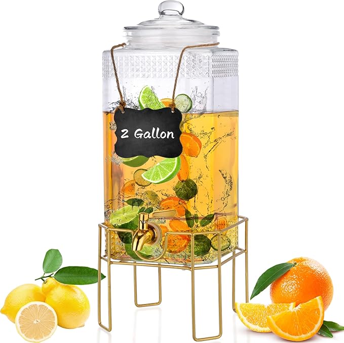 Drink Dispenser,2 Gallon Drink Dispensers for Parties,Beverage Dispenser with Stand,Glass Lid and Stainless Steel Spigot L...