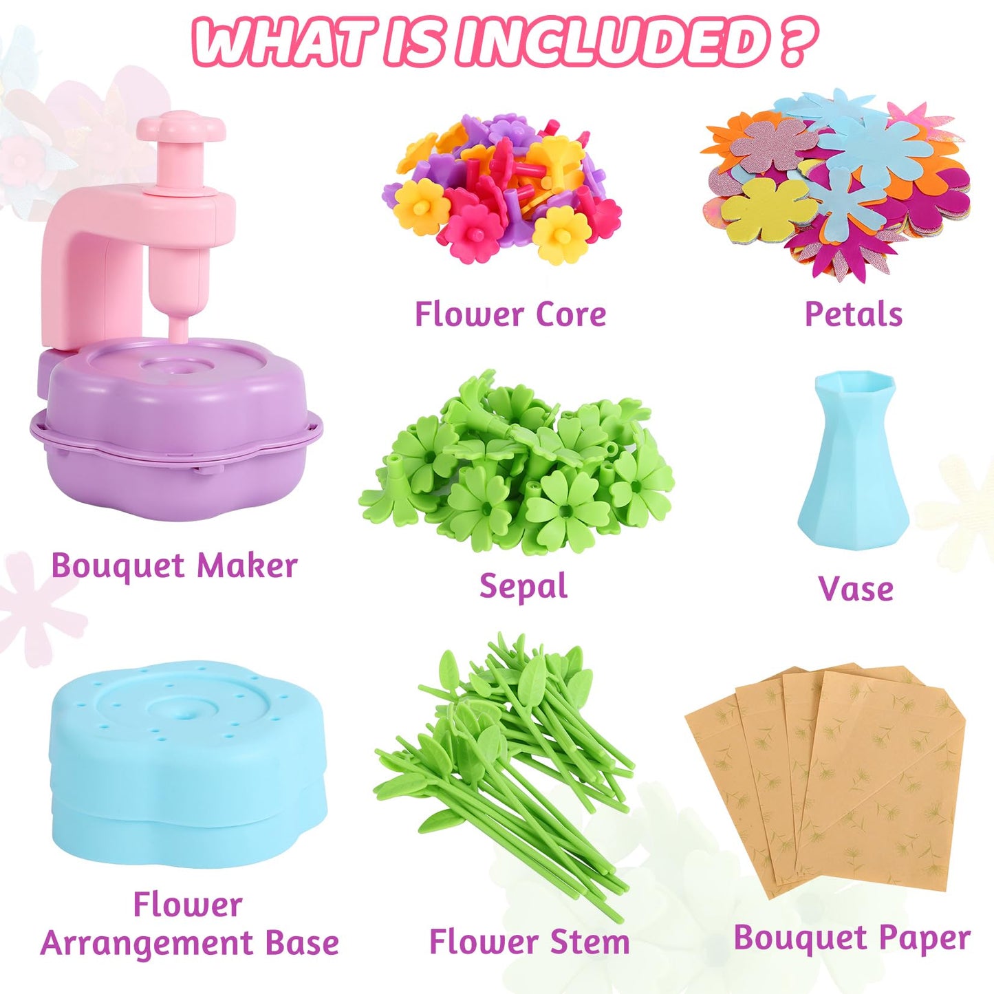 Flower Craft Kits for Girls - Arts and Crafts for Kids Ages 4-8, Gifts for 4 5 6 7 8 9 Year Old Girls, Mess-Free Art Craft Activity Toys, Kids Flower Making Kit, DIY Creative Toys Gifts for Toddler