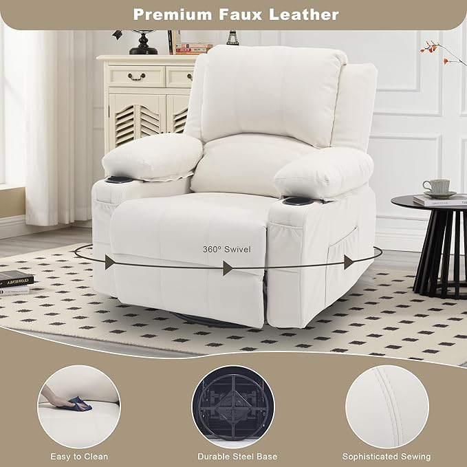 Massage Swivel Rocker Recliner with Lumbar Heat, Overstuffed PU Leather Recliners for Living Room, Modern Single Rocking Chair for Adults, Manual Rocker Recliner with Cup Holders for Bedroom, White