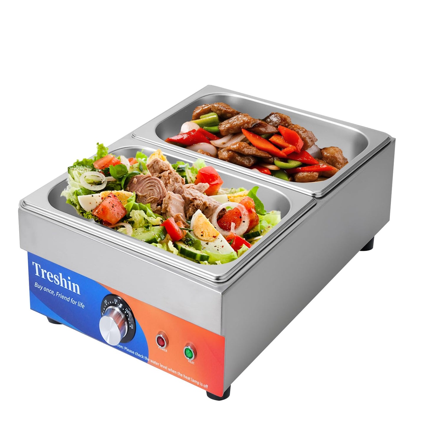 Treshin 2 Pan Commercial Food Warmer, Stainless Steel Bain Marie Food Warmers Steam Table 15 Qt 1200W with Temperature Control & Lid for Home, Catering, Restaurants