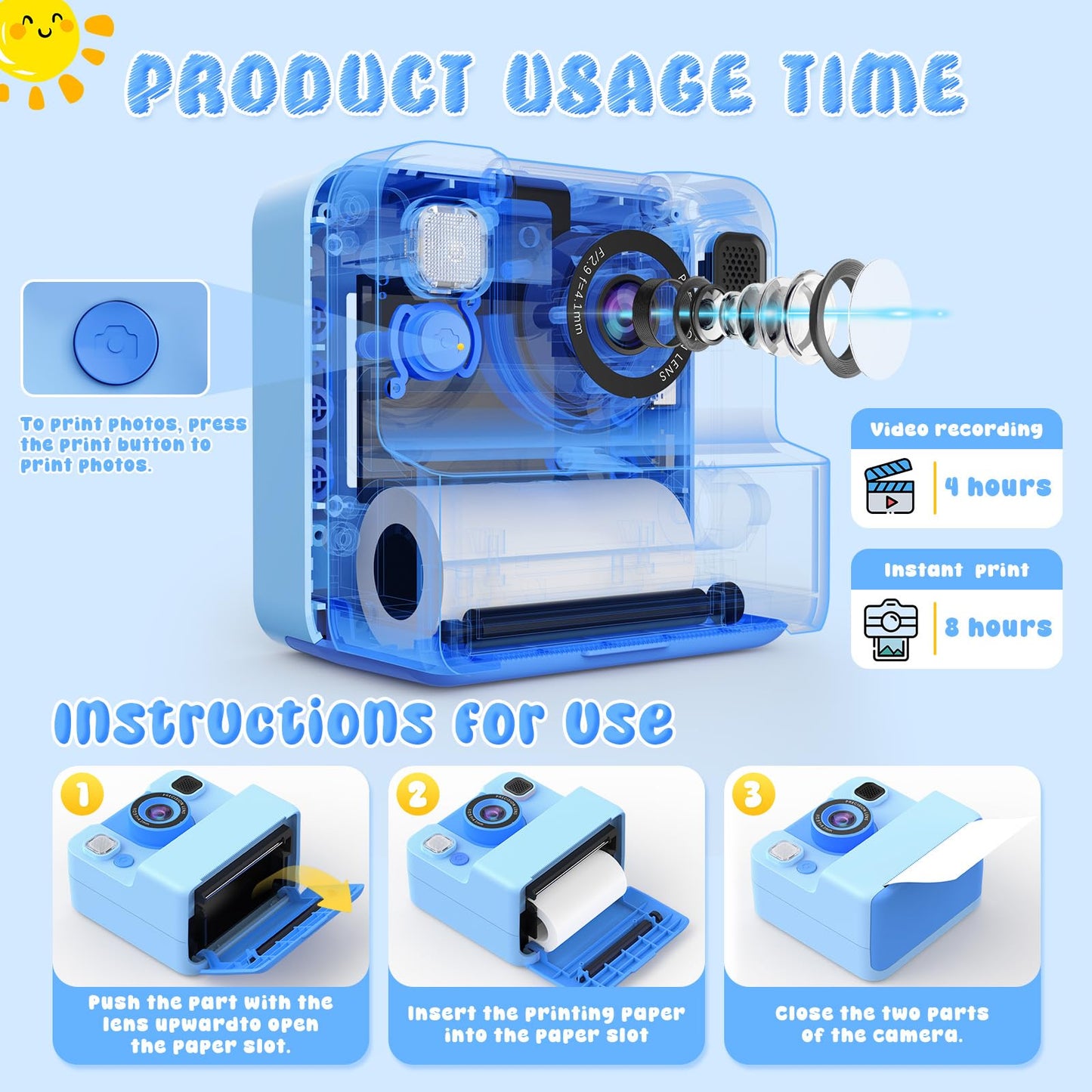 Kids Camera Instant Print Toys for Teenage Girls:2.4-Inch Children's Instant Cameras,Gift for Girls Ages 3-16 (for Christmas Or Birthday),1080P Hd Digital Video Cameras with 3 Rolls Paper & 32G-Blue