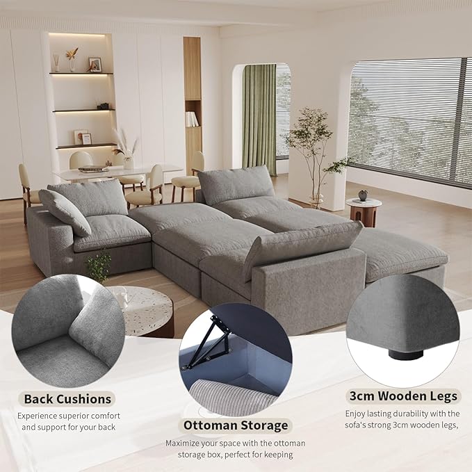 WJShome 118.02" Cloud Couch,Modular Sectional Sofa with 2 Storage Ottomans, U Shaped Down Filled Convertible Couch for Living Room Sets,Sofa Cover Washable & Replaceable(White)