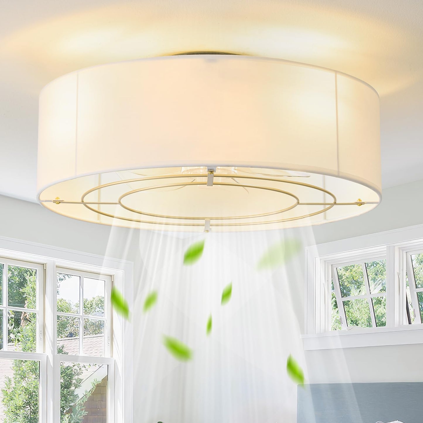 MizWacky Low Profile Ceiling Fans with Lights, 20" Flush Mount Ceiling Fan with Light, Boho Bladeless with 6 Speeds, Rattan Remote Control for Bedroom, Nursery, Living Room