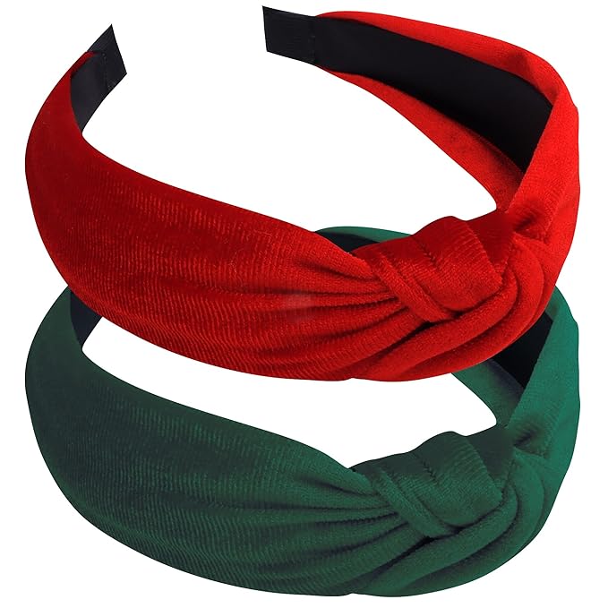 Chanaco Christmas Headbands for Women 2Pcs Top Knotted Hair Bands for Adult Non Slip Xmas Headband Red Green Velvet Wide H...
