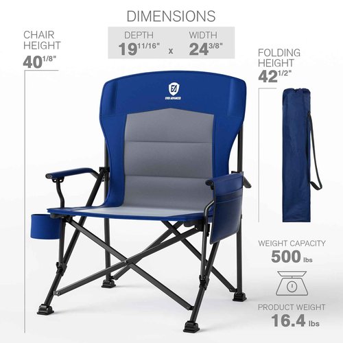 EVER ADVANCED Oversized Folding Camping Chair, for Adults Heavy Duty Lawn Chair with Side Pockets, Portable Collapsible Quad Chair for Outside, Support Up to 500lbs, Blue