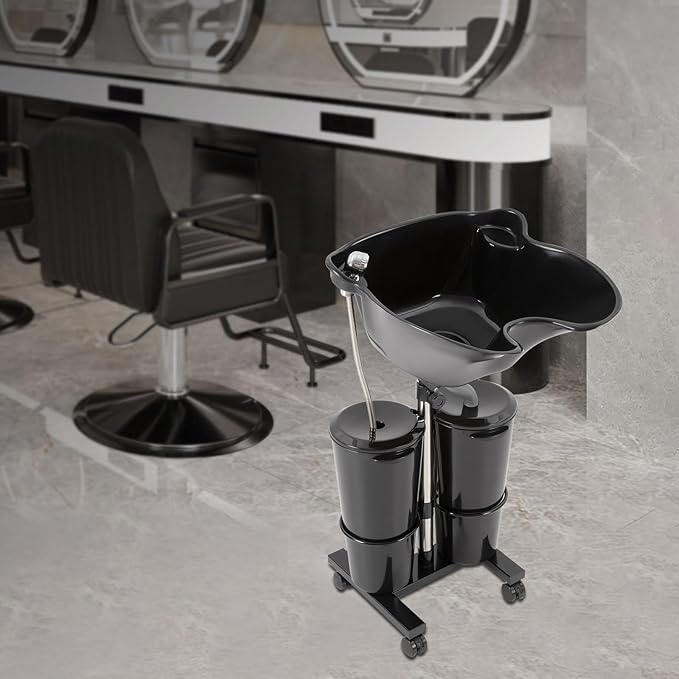Electric Portable Shampoo Bowl, Height/Angle Adjustable Portable Salon Shampoo Bowl with 2 Buckets Hair Washing Sink with Wheels Shampoo Basin Portable Hair Washing Station