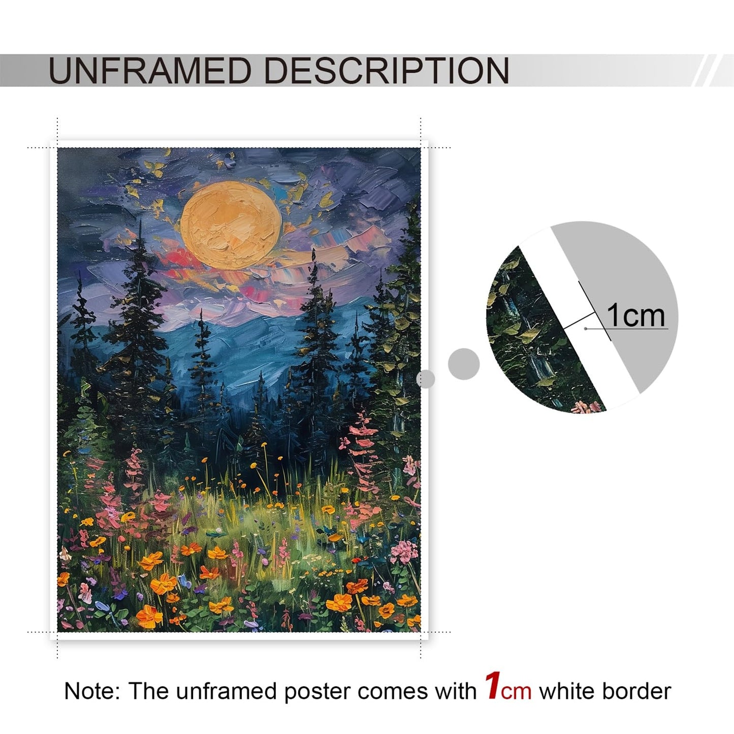 Yuaruo Vintage Full Moon Above The Wildflowers Nature Posters, Mystical Midnight Woodland Canvas Wall Art Print, Retro Flowers and Trees Oil Painting, Dark Forest Landscape 12x16in Unframed