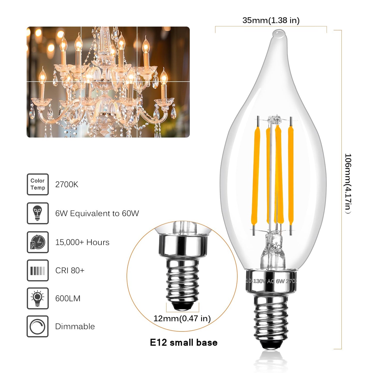 Brtstiun E12 Candelabra LED Light Bulbs Dimmable 60 Watt Equivalent, CA11 6W 2700K Soft Warm White Chandelier Candle Bulb, Small Base Decorative Flame Tip Clear Bulbs for Bedroom, Kitchen, 12 Pack