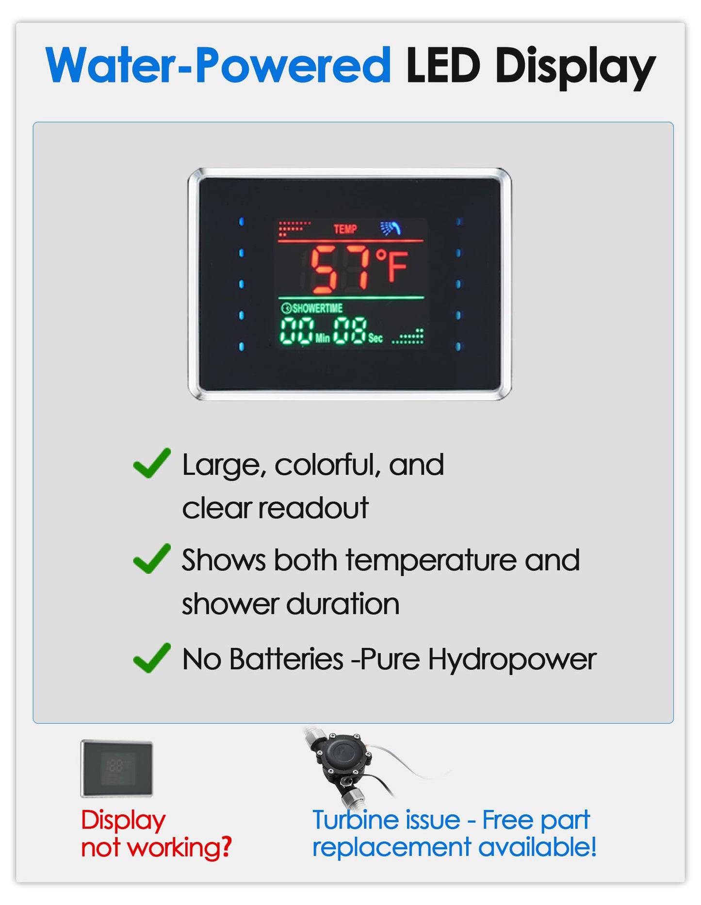 ROVOGO Shower Panel System with Led Lights No Battery Needed, MIST & RAIN Shower, 5 Body Jets, Handheld, Tub Spout and Temperature Display, Water Powered Led Shower Tower Column Stainless Steel, Black