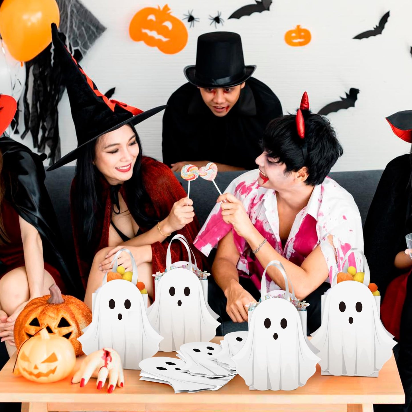 Sweetude 12 Pcs Halloween Ghost Paper Gift Bags Party Favor Bags with Handle for Trick-or-treat Candy Goodie Pastel for Halloween Spooky Birthday Holiday Party Supplies