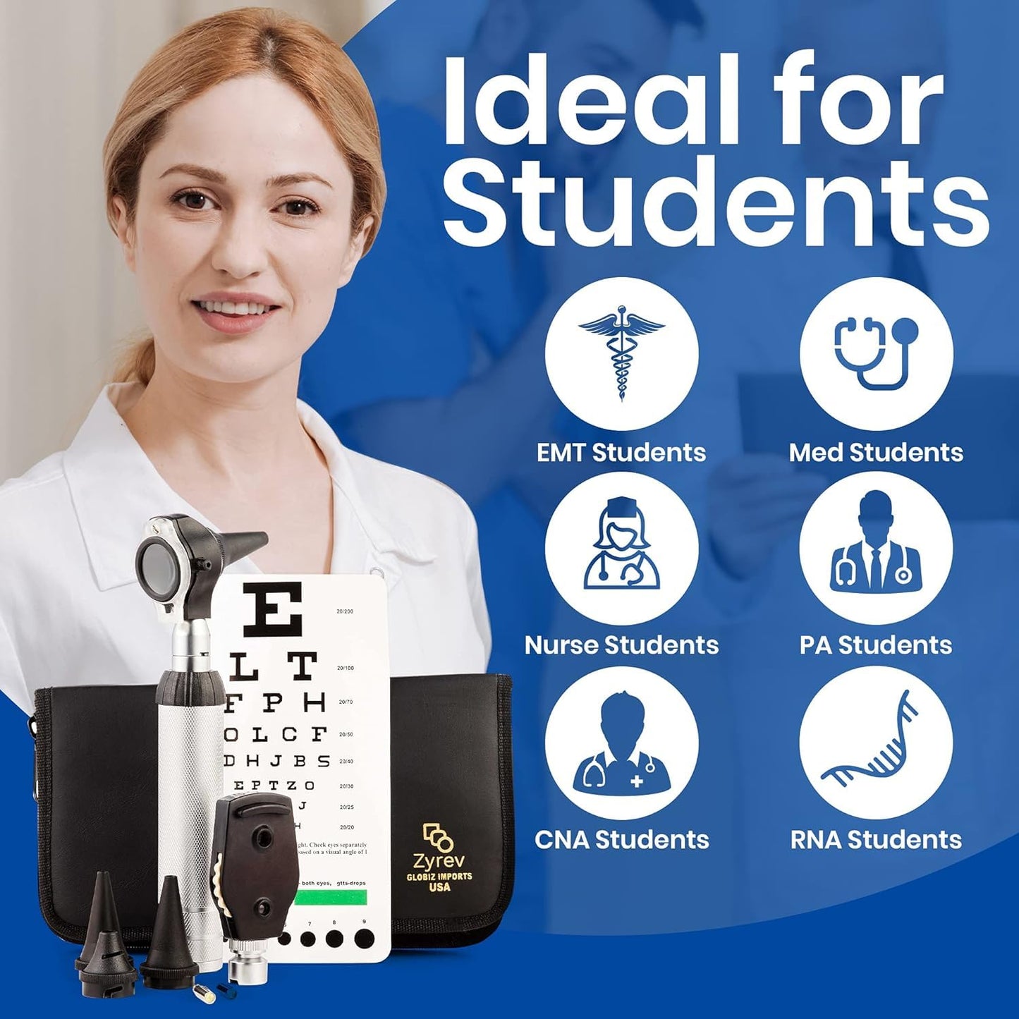 Zyrev 2 in 1 Otoscope Oph Set - Perfect for Nursing & Medical Students with Carry Case, Sight Chart & Replacement Ear Speculums
