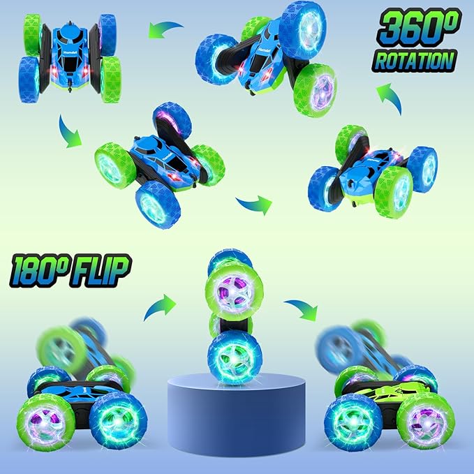 RC Cars Toys for Kids Ages 6-12, 360° Spinning Double-Sided Remote Control Car with LED Lights, 4WD Rechargeable Toy for Boys Age 8-10, Perfect Birthday Holiday