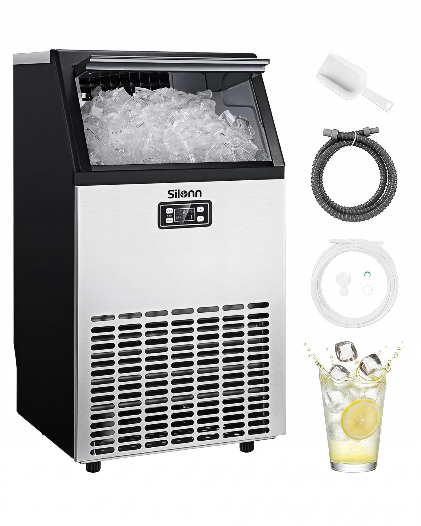 Silonn Commercial Ice Maker Machine, 100lbs Daily Output & 33lbs Storage, Compact Stainless Steel Ice Machine with Auto-Cleaning for Home Office Bar Parties