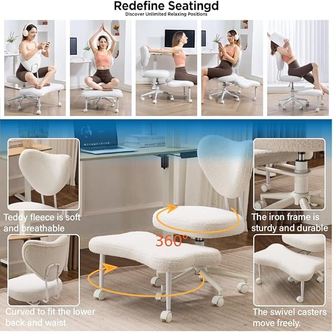 FLEXISPOT Cross Legged Office Chair Armless Kneeling Desk Chairs for Meditation ADHD Yoga Wide Criss Cross Chair with Wheels Vanity Chair for Girls Women Living Room Bedroom Study Small Space, Orange