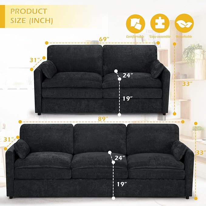ACMEASE 2 Pieces Chenille Sofa Set w/Two Throw Pillows, Upholstered Loveseat & 3 Seater Sofa w/Comfortable Back Cushions, Modern 2-Seat & 3-Seat w/High-Density Foam for Living Room, Apartment, Black