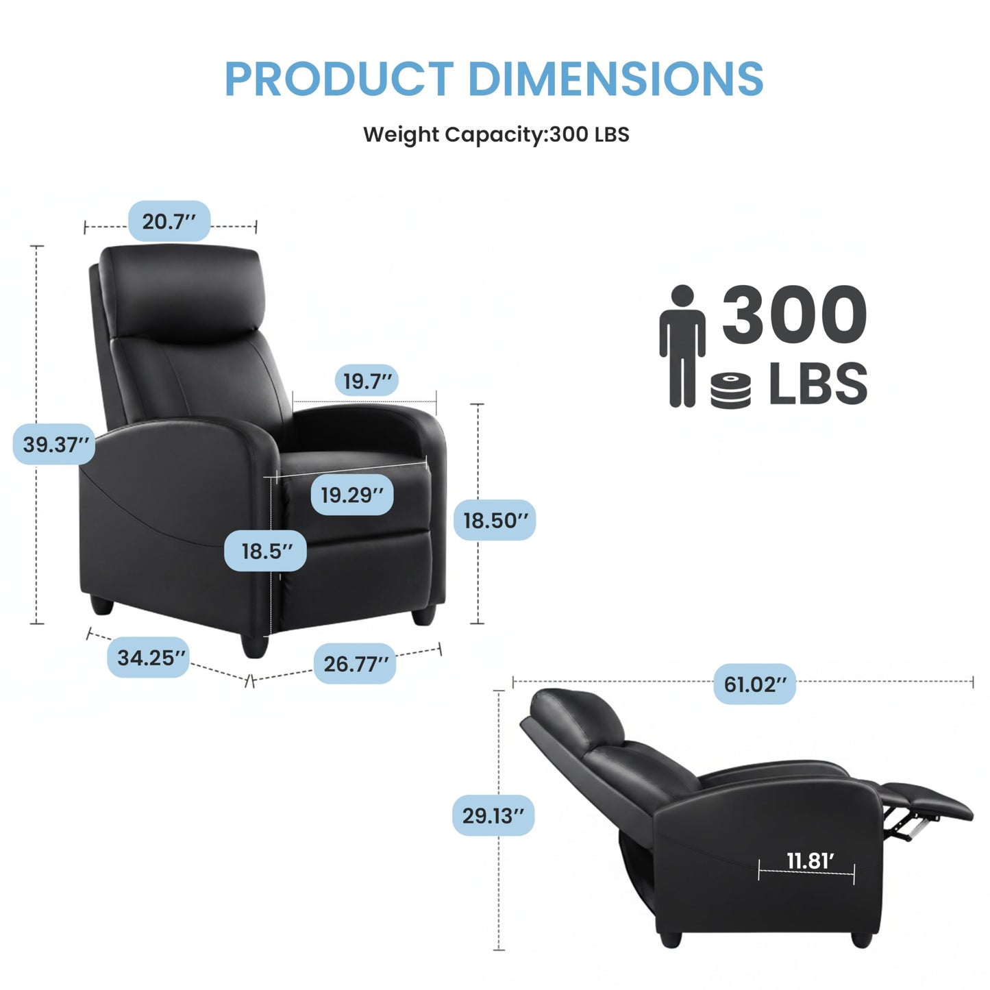 Simple Deluxe Recliner Chair - Adjustable Push Back PU Leather Recliner, Plush Reading Chair & Luxe Sofa Chair for Living Room Chairs or Bedroom Chair, Single Recliner for Home Theater