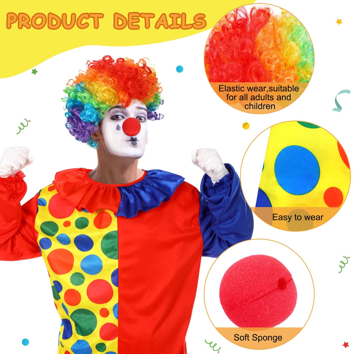 Funtery 7 Pcs Clown Costumes Set Includes Shoes, Nose, Hat, Wig, Gloves for Adults Halloween Clown Costumes