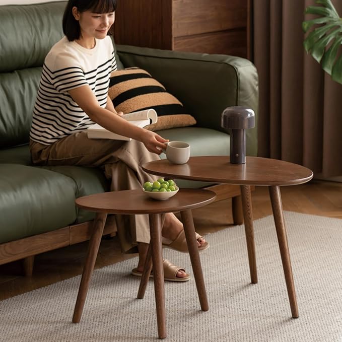 Vadisun Small Oval Nesting Table, Mid Century Coffee Tables for Living Room,Solid Oak Wood Side Table,Triangle Tabletop with 3 Legs,Minimalist Display End Tables (Walnut Color, Combine)