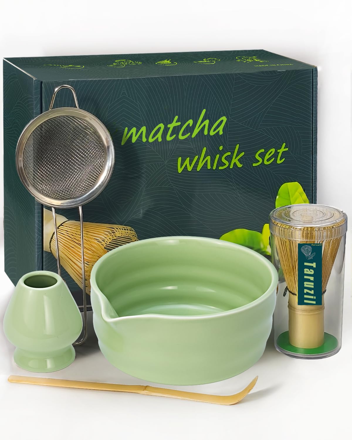 Taruzil Matcha Whisk Set with Matcha Bowl, Matcha Bamboo Whisk, Scoop, Sifter, Matcha Kit Holder Unique Gifts for Women Men Girl Friend Home Kitchen Decor Gifts for Christmas, Birthday（Light Green）