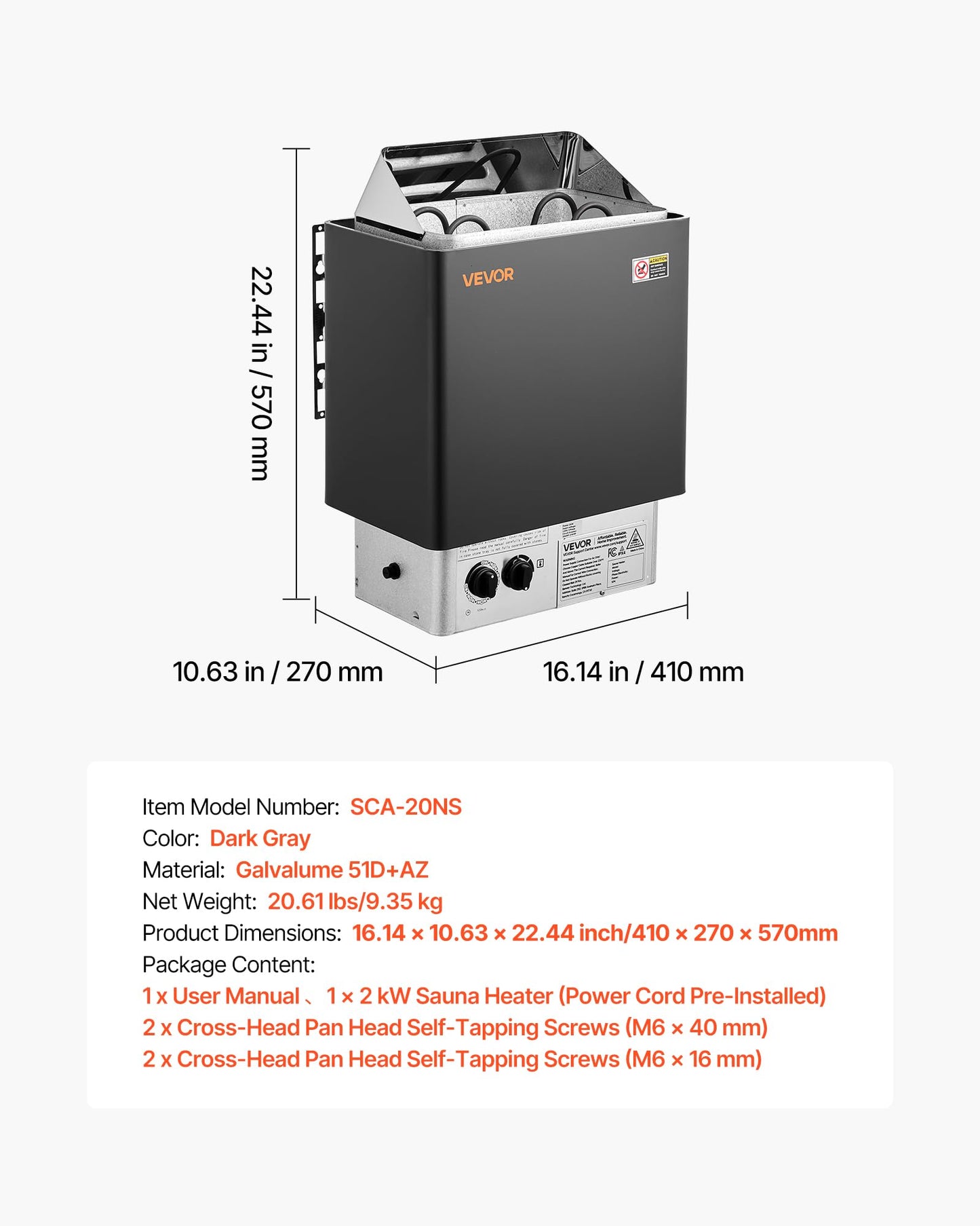 VEVOR Sauna Heater, 2KW AC 120V Electric Sauna Stove, Dry Steam Bath Saunas Stove with Pre-Drilled Bracket, Fit 52.9 to 88.2 CU.FT Saunas Rooms, Steam Bath Stoves for Home, Commercial, Leisure Venues