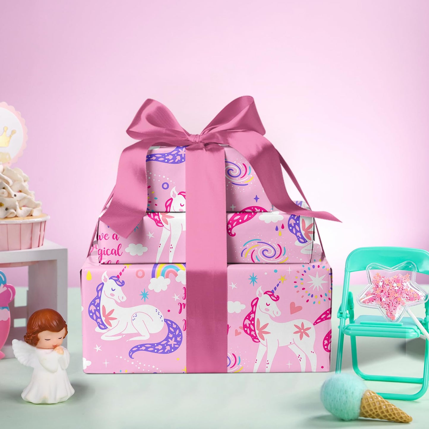 WRAPAHOLIC 30 Inch Jumbo Pink Unicorn Birthday Wrapping Paper Roll - 30 Inch x 33 Feet - Perfect for Girls Birthday, Baby Shower, Party, Holiday