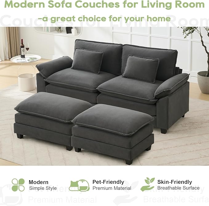 Oprisen 86" Modular Sectional Sofa, Comfy Cloud Couch Sectional Sofa with Ottoman, Velvet Sofa Sleeper Deep Seat Sofa with Throw Pillows for Living Room (Blue Grey)