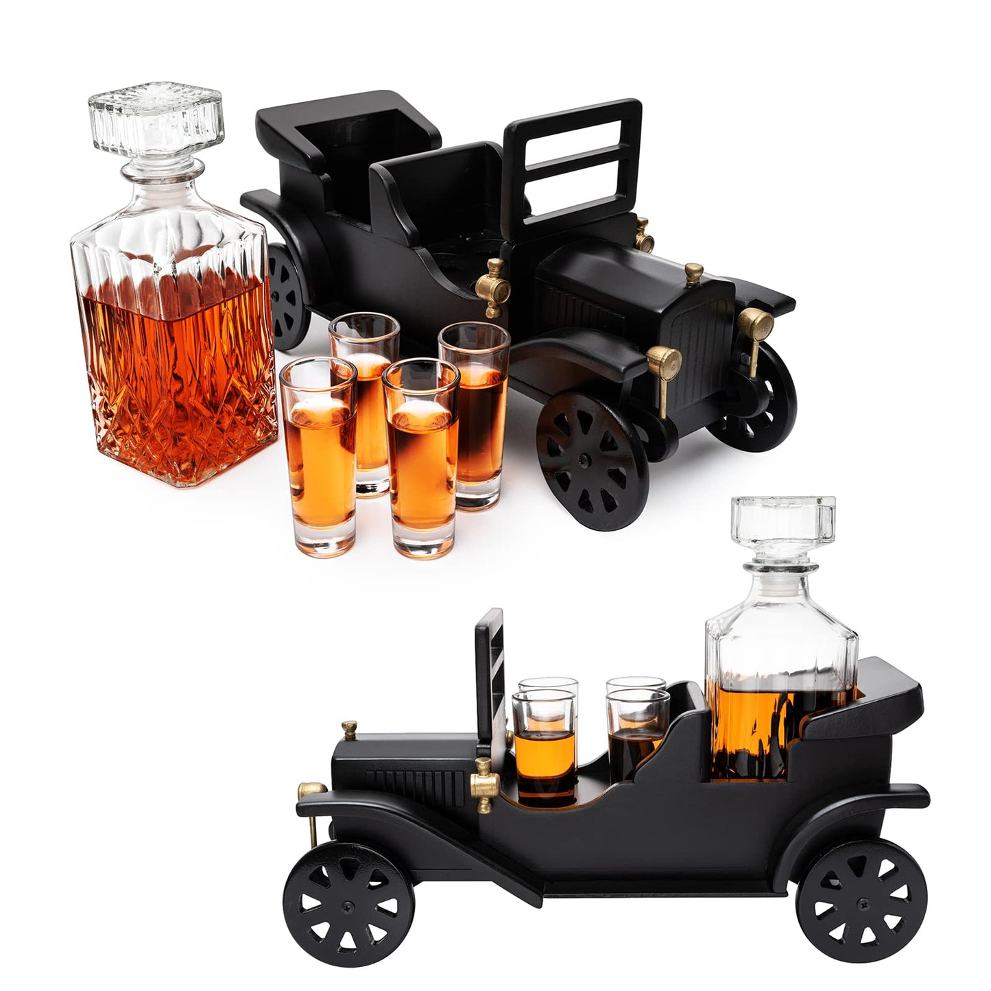 Vintage Car Decanter Set, Large Bar Centerpiece - 750ml Decanter + 4 Shot Glasses, Whiskey Gifts for Men, Dad, Birthday, Limited Edition, Great Bar Gift - Elevate Your Drinking Experience