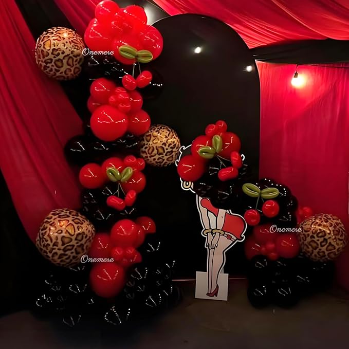 Onemere Red and Black Balloons Arch Kit 160pcs Cherry Birthday Decorations, 4pcs Foil Cheetah Print Balloons for Baby Show...