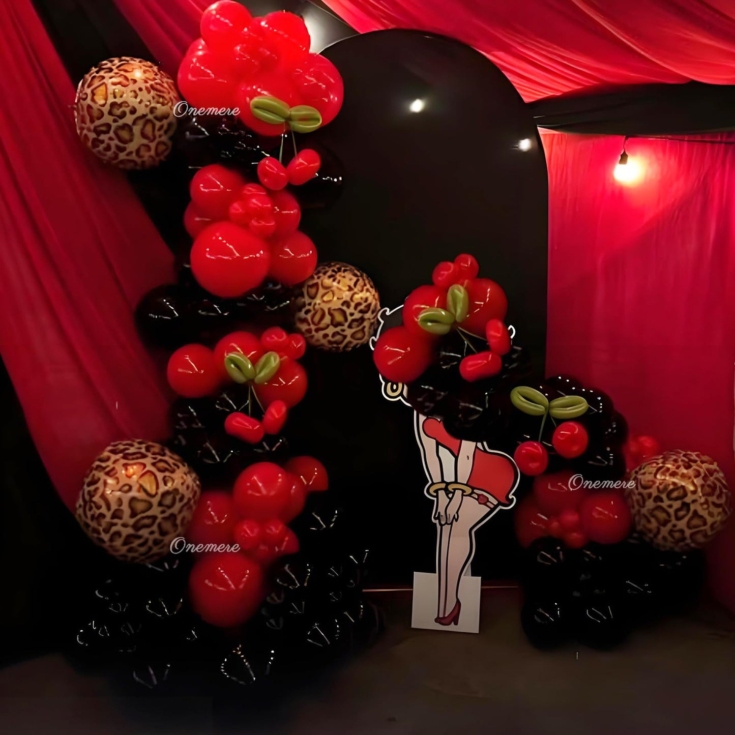 Onemere Red and Black Balloons Arch Kit 135pcs Cherry Birthday Decorations, 4pcs Foil Cheetah Print Balloons for Baby Shower, Bachelorette Party Decorations