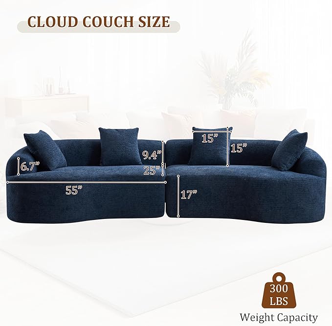 110" Oversized Modern Curved Cloud Sectional Sofa, Luxury Plush Chenille 4-Seater Deep Wide Seat Couch with 4 Pillows, No Assembly Needed Apartment Living Room Furniture, Blue