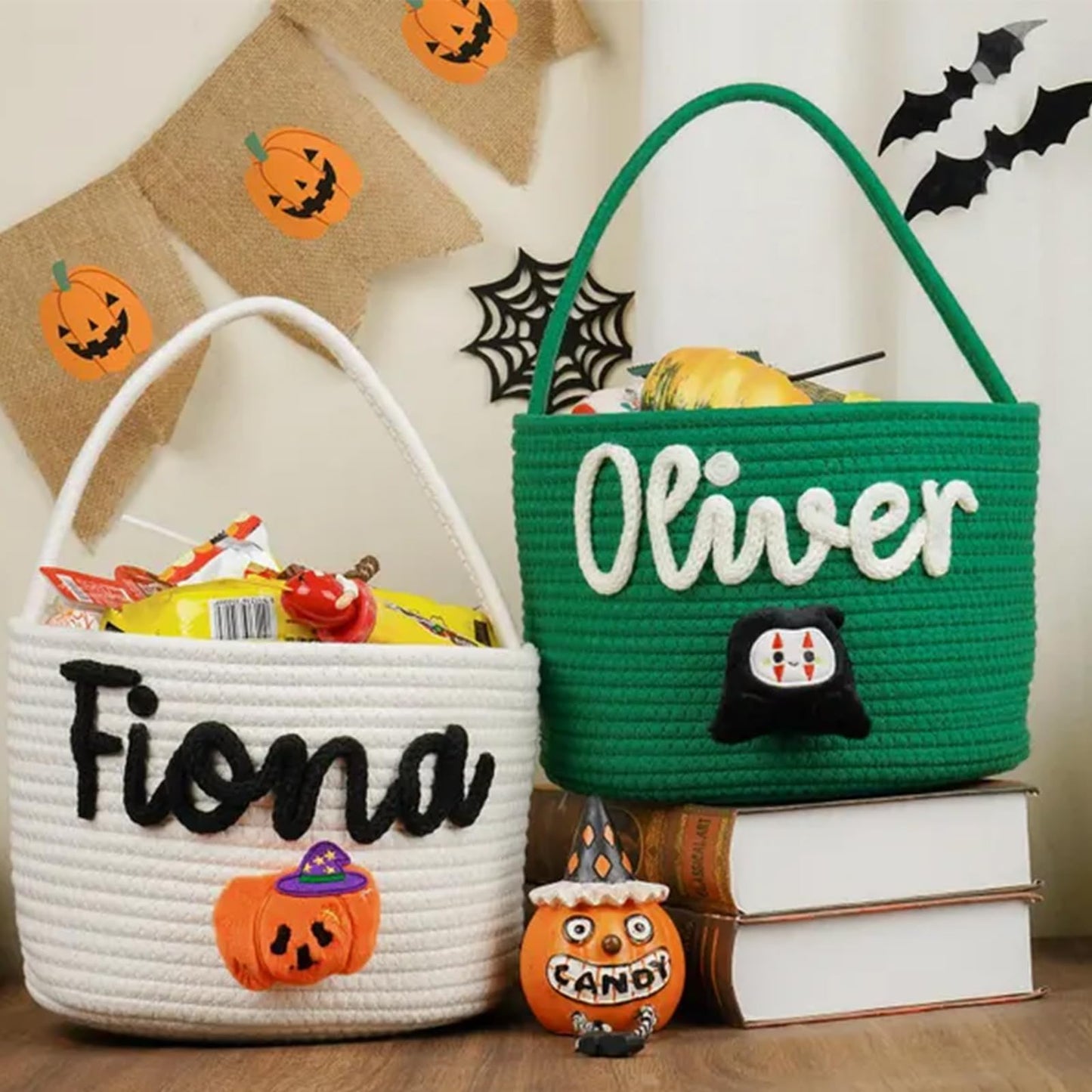 Personalized Halloween Basket for Kids Custom Trick or Treat Bag with Name, Handmade Candy Tote, Embroidered Pumpkin or Ghost Bucket Ideal Halloween Gift or Costume Accessory