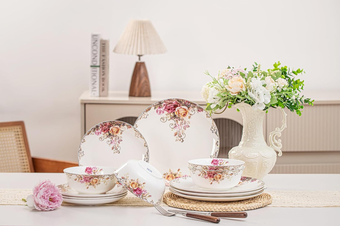 Bone China Plates and Bowels,12-Pieces Dinnerware Sets, Highly Chip and Crack Resistant, Dishwasher & Microwave Safe Dishes Set, Dense and Translucence