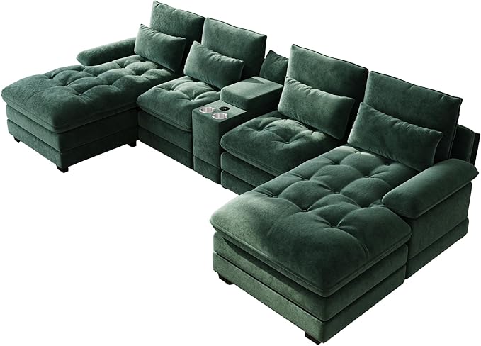 BEQAI 134"U Shaped Sectional Couches for Living Room,Oversized Modular Sectional Fluffy Couch with Chaise Lounge & Tufted Buttons,Modern Chenille 6 Seat Living Room Sofa Set with Storage Console,Green