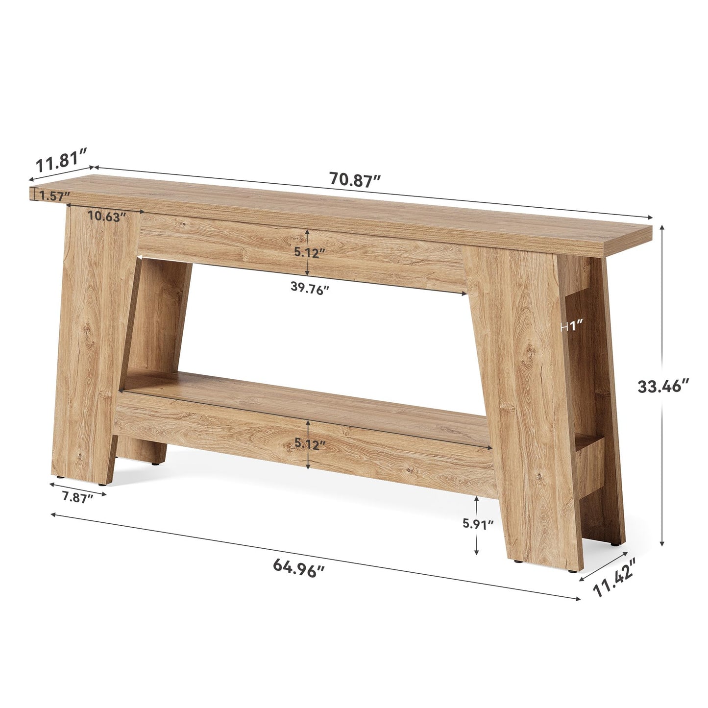 LITTLE TREE 70.9 Inches Extra Long Console Table, 2-Tier All-Wooden Rectangular Sofa Table for Behind Couch, Farmhouse Entryway Table for Hallway, Living Room, Natural Finish with Trapezoidal Design