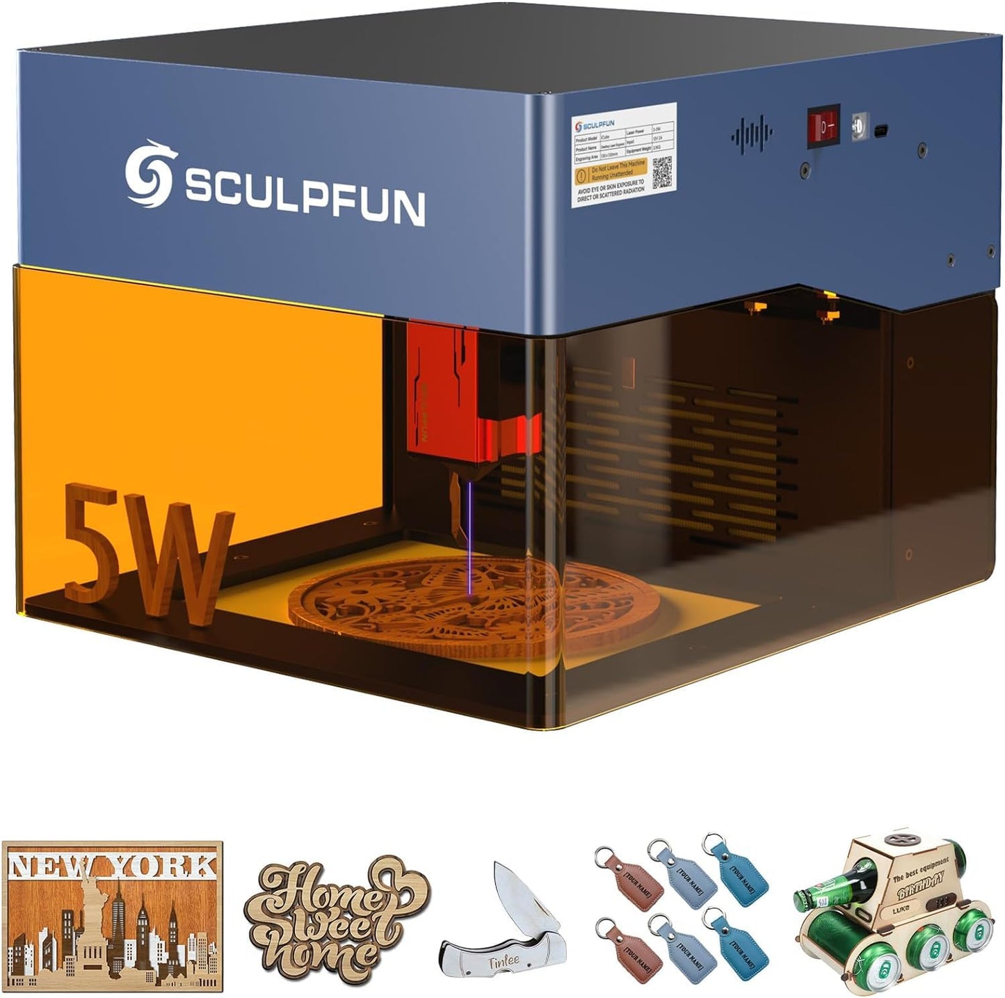 SCULPFUN iCube Pro Laser Engraver, 5000mW Desktop Laser engraving machine with Smoke Filtration System, Laser Class 4 Laser cutter, 0.01mm Carving Precision, 125×125mm Engraving Area(5W)