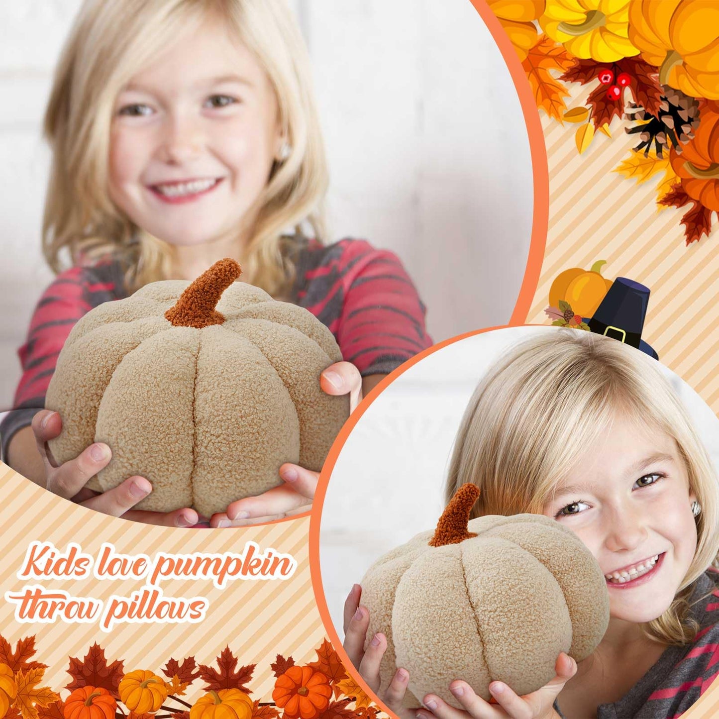 Juexica 3 Pcs Stuffed Pumpkin Pillow Fluffy Plush 3D Pumpkin Shaped Decoration Fall Thanksgiving Halloween Pillow Cushion Cute Soft Throw for Sofa Couch Supplies (Beige)